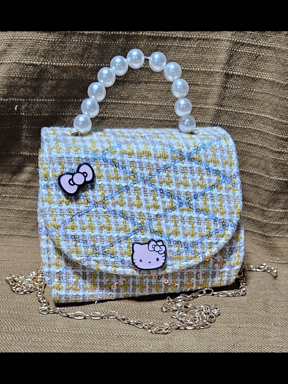 Hello Kitty Tweed Mini Bag in White, Yellow and Tan